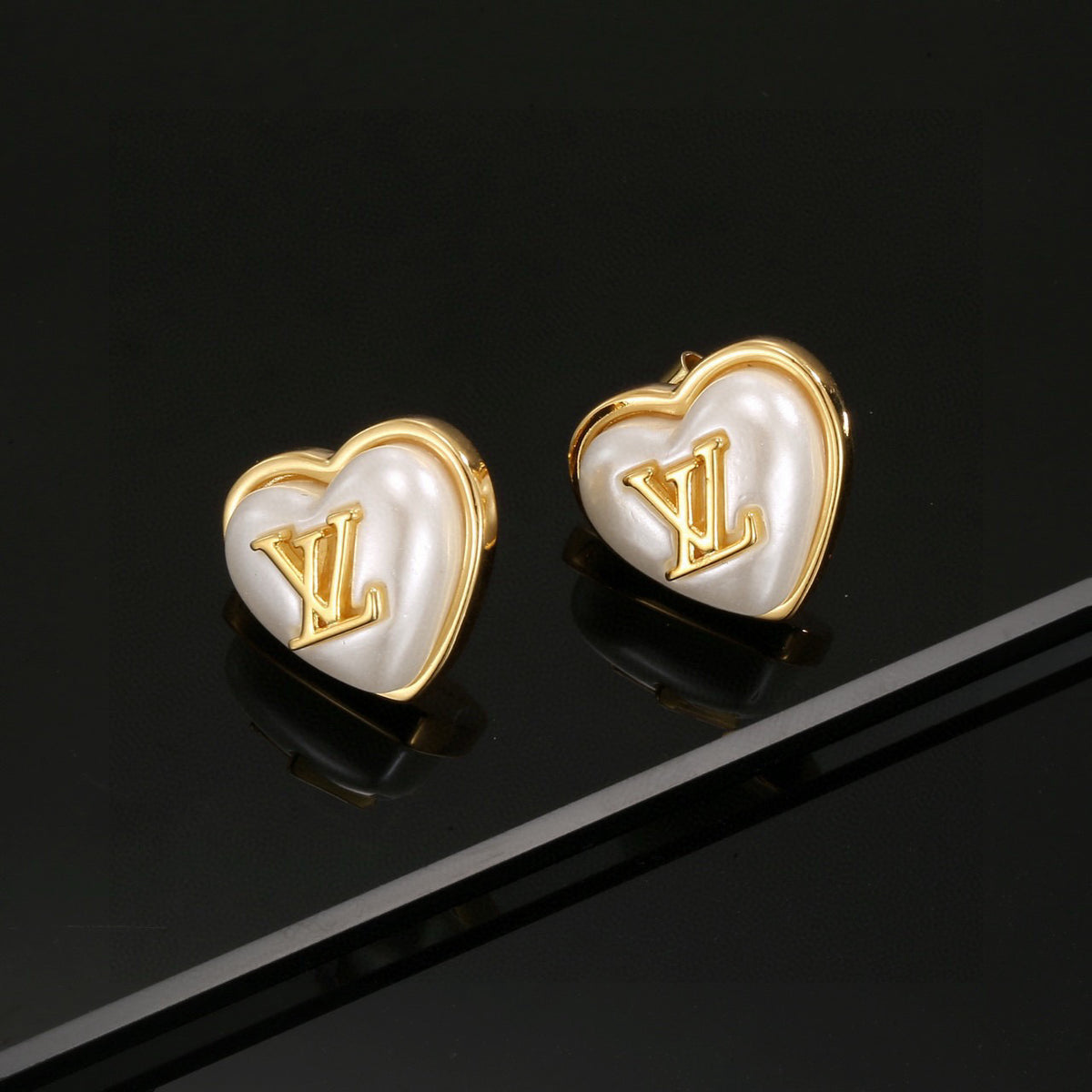 Letter Emblem Stud Earrings in Polished Metal-Tone – Design 021 front product view