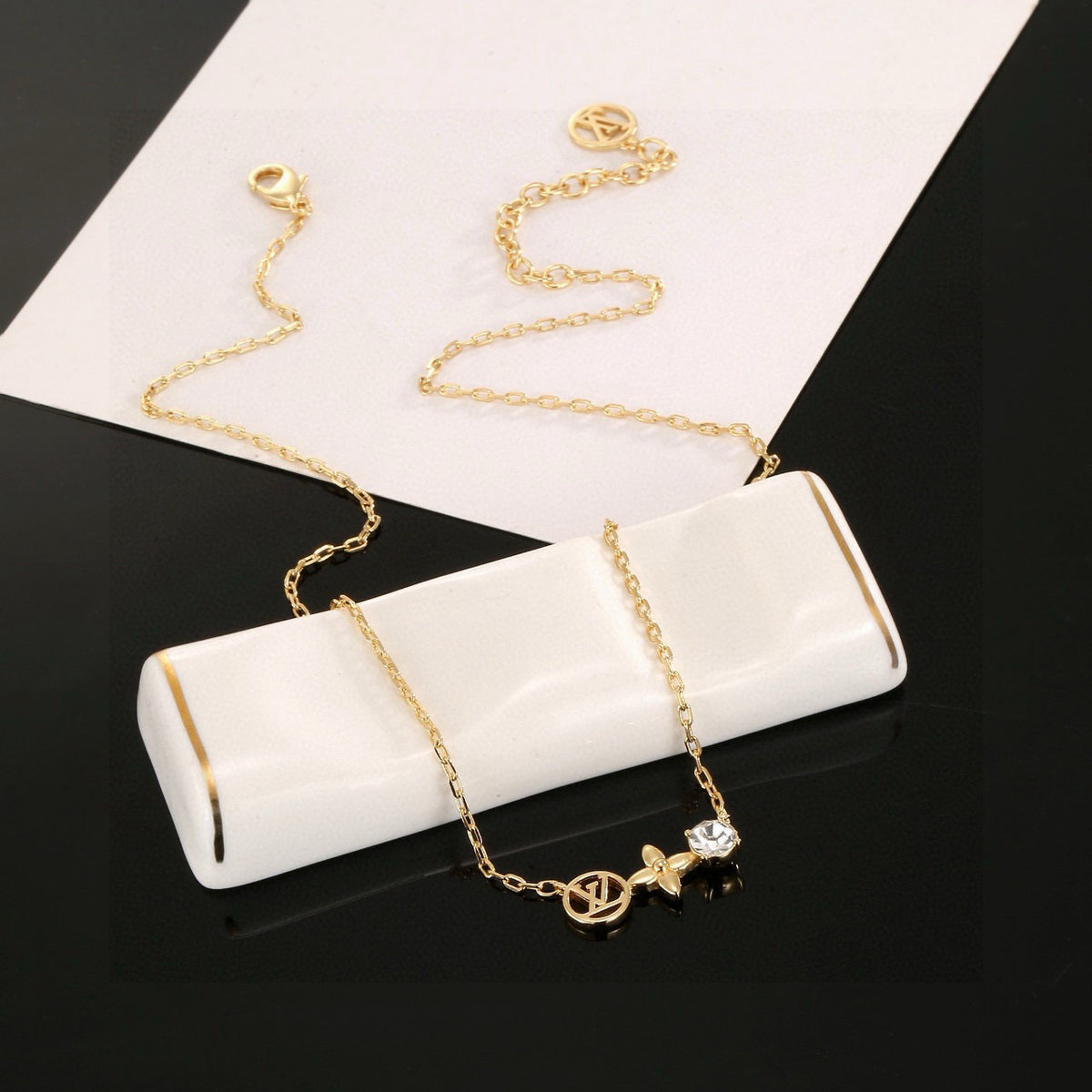Letter Emblem Pendant Necklace in Polished Metal-Tone – Design 022 detail view
