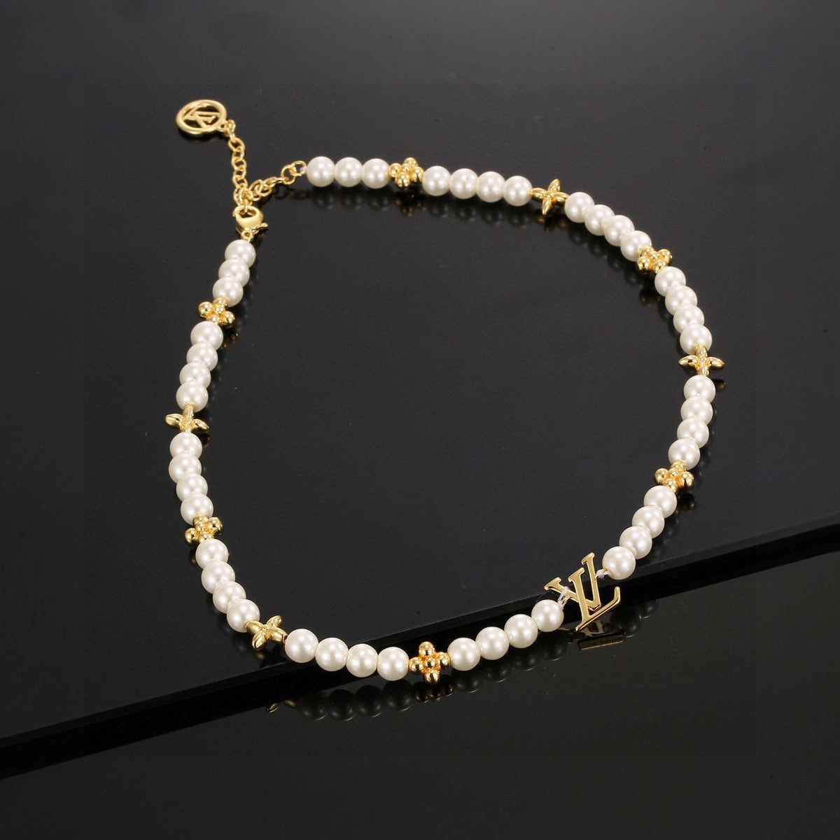 Lock Pendant Necklace in Polished Metal-Tone – Pearl Detail side detail