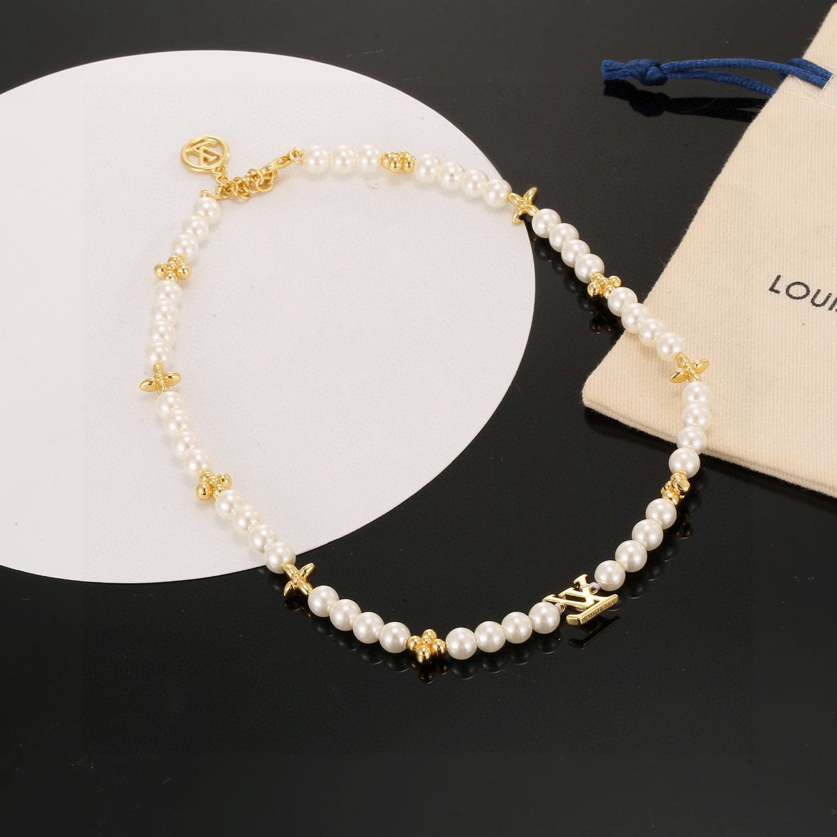 Lock Pendant Necklace in Polished Metal-Tone – Pearl Detail front product view