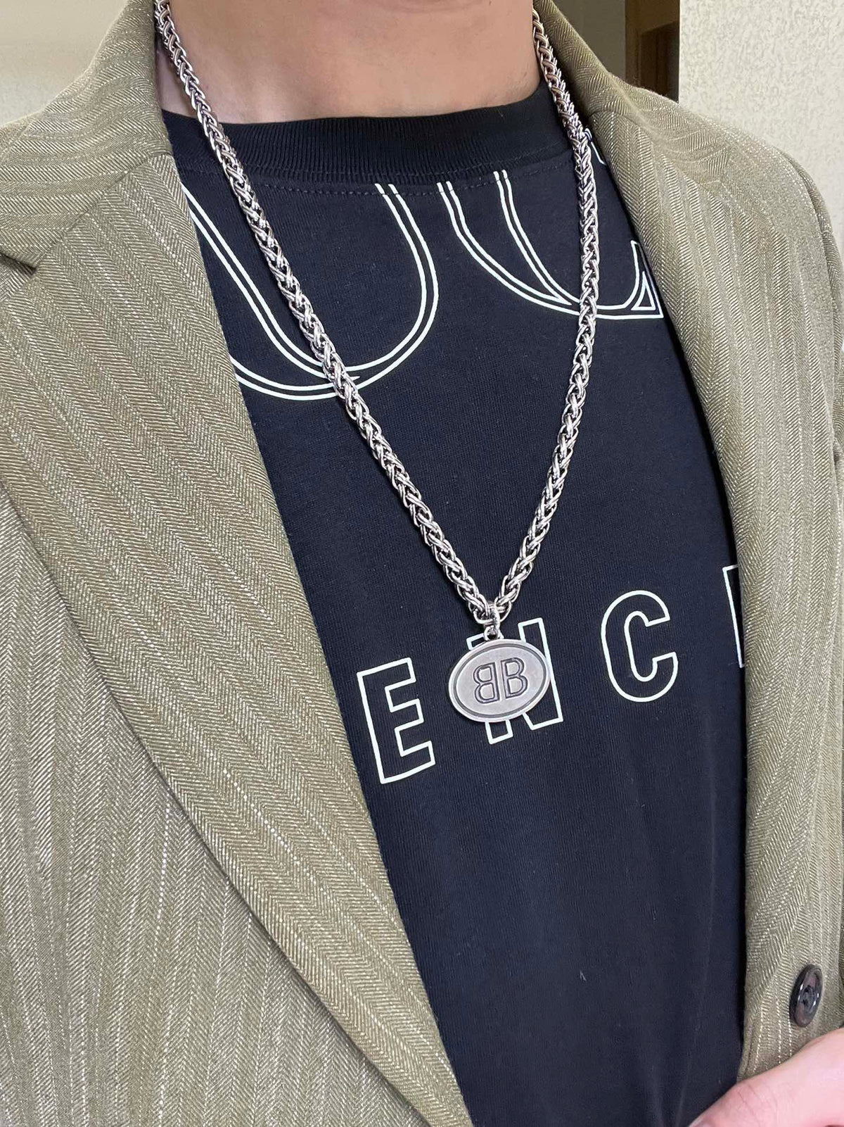 Geometric Emblem Pendant Necklace in Polished Metal-Tone – Design 061 side detail