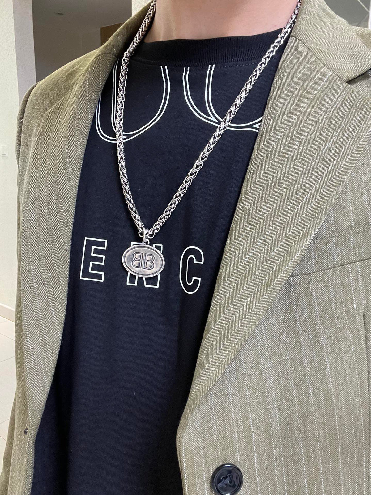 Geometric Emblem Pendant Necklace in Polished Metal-Tone – Design 061 detail view