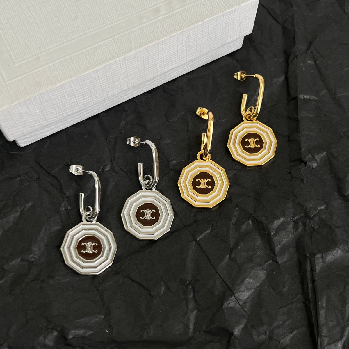 Signature Emblem Stud Earrings in Polished Metal-Tone – Design 02 detail view