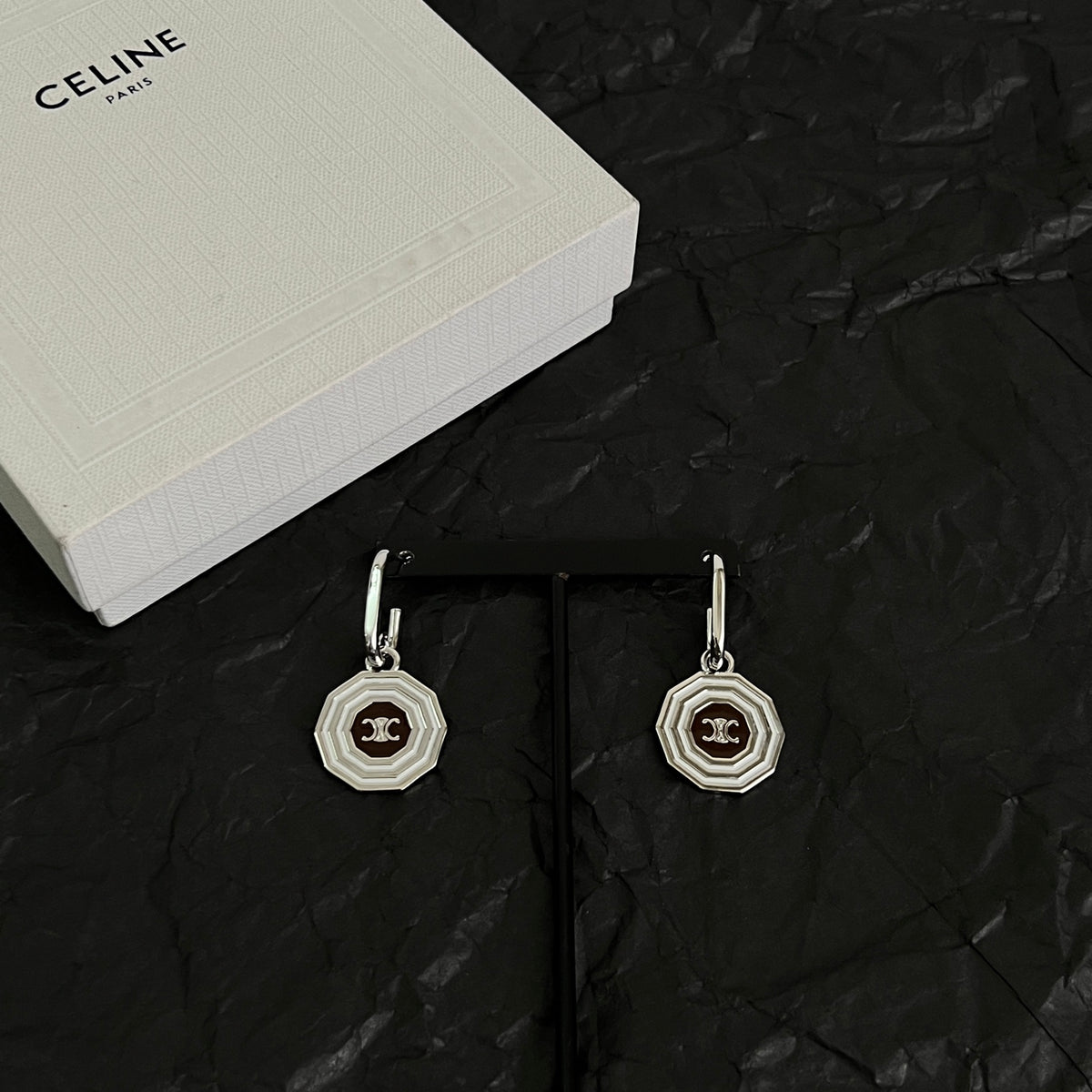 Signature Emblem Stud Earrings in Polished Metal-Tone – Design 02 front view