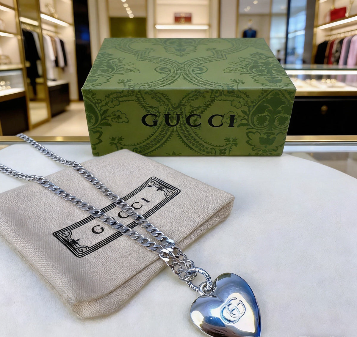Double-G Emblem Pendant Necklace in Polished Metal-Tone – Design 134 styled product view