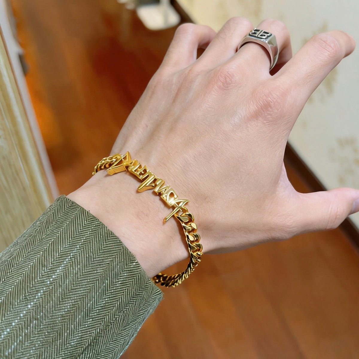 Geometric Emblem Bracelet in Polished Metal-Tone – Design 048 detail view