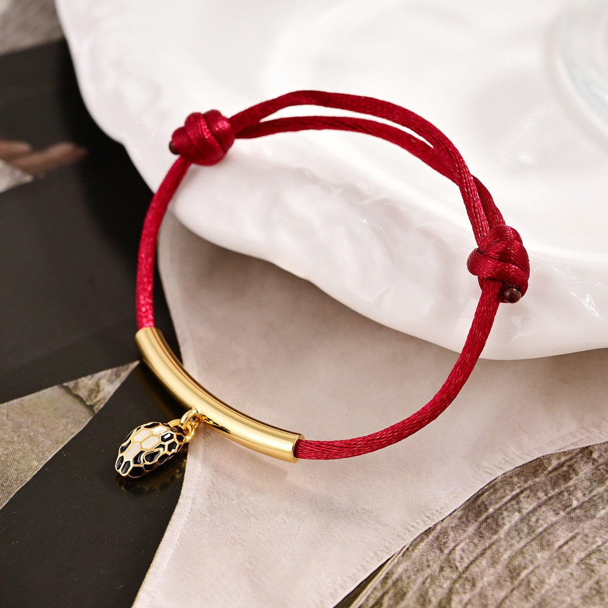 Red Cord Braided Bracelet in Polished Metal-Tone – Red Cord Detail – Design 004 front product view
