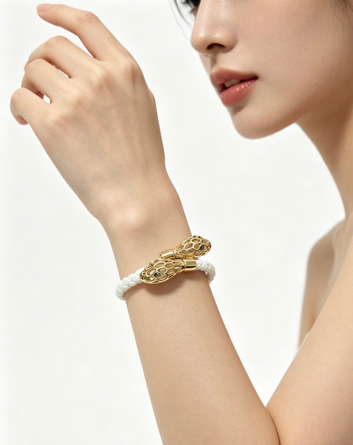 Geometric Emblem Braided Bracelet in Polished Metal-Tone – Design 011 side detail