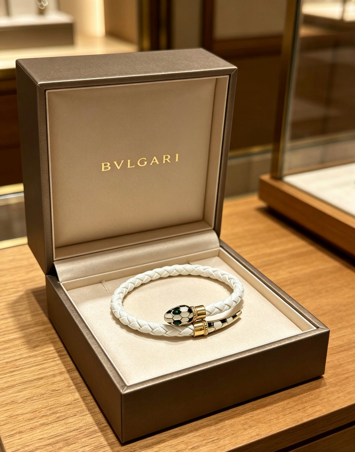 Geometric Emblem Braided Bracelet in Polished Metal-Tone – Design 005 detail view