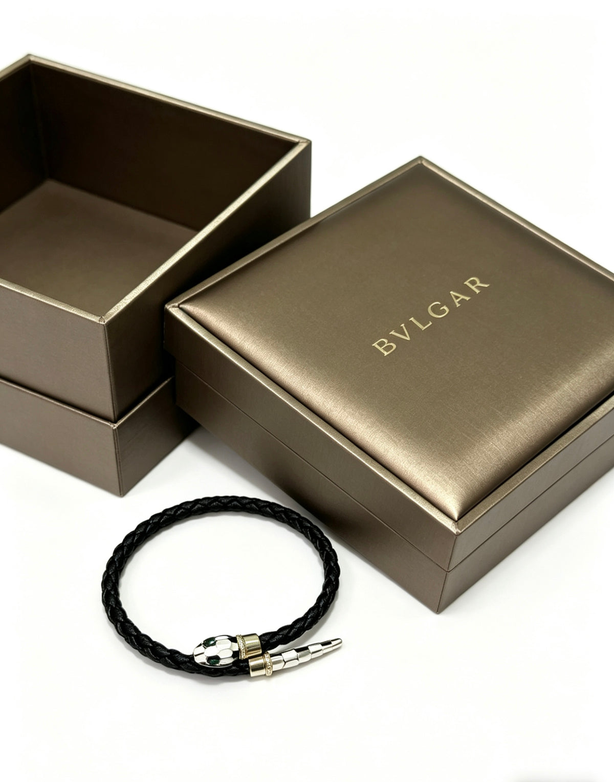 Geometric Emblem Braided Bracelet in Polished Metal-Tone – Design 003 detail view