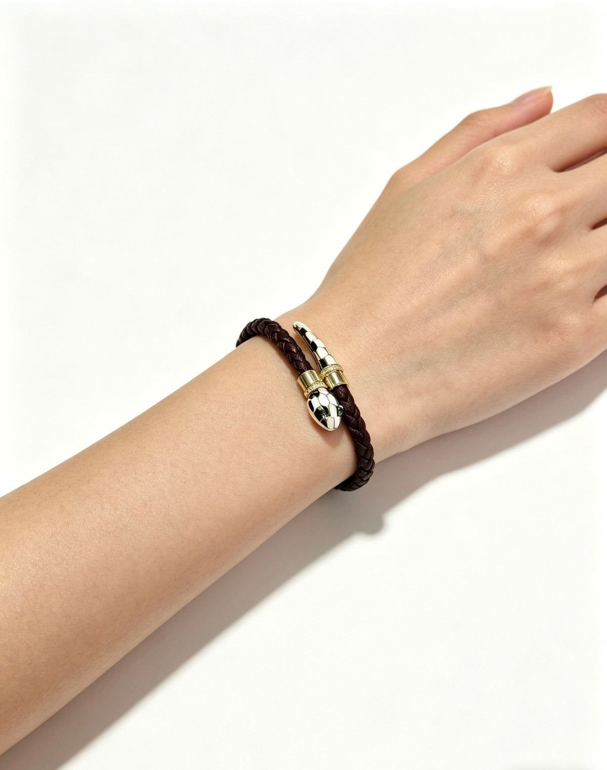 Geometric Emblem Braided Bracelet in Polished Metal-Tone – Design 002 side detail
