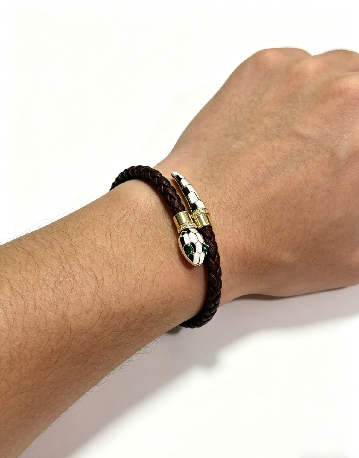 Geometric Emblem Braided Bracelet in Polished Metal-Tone – Design 002 close-up detail