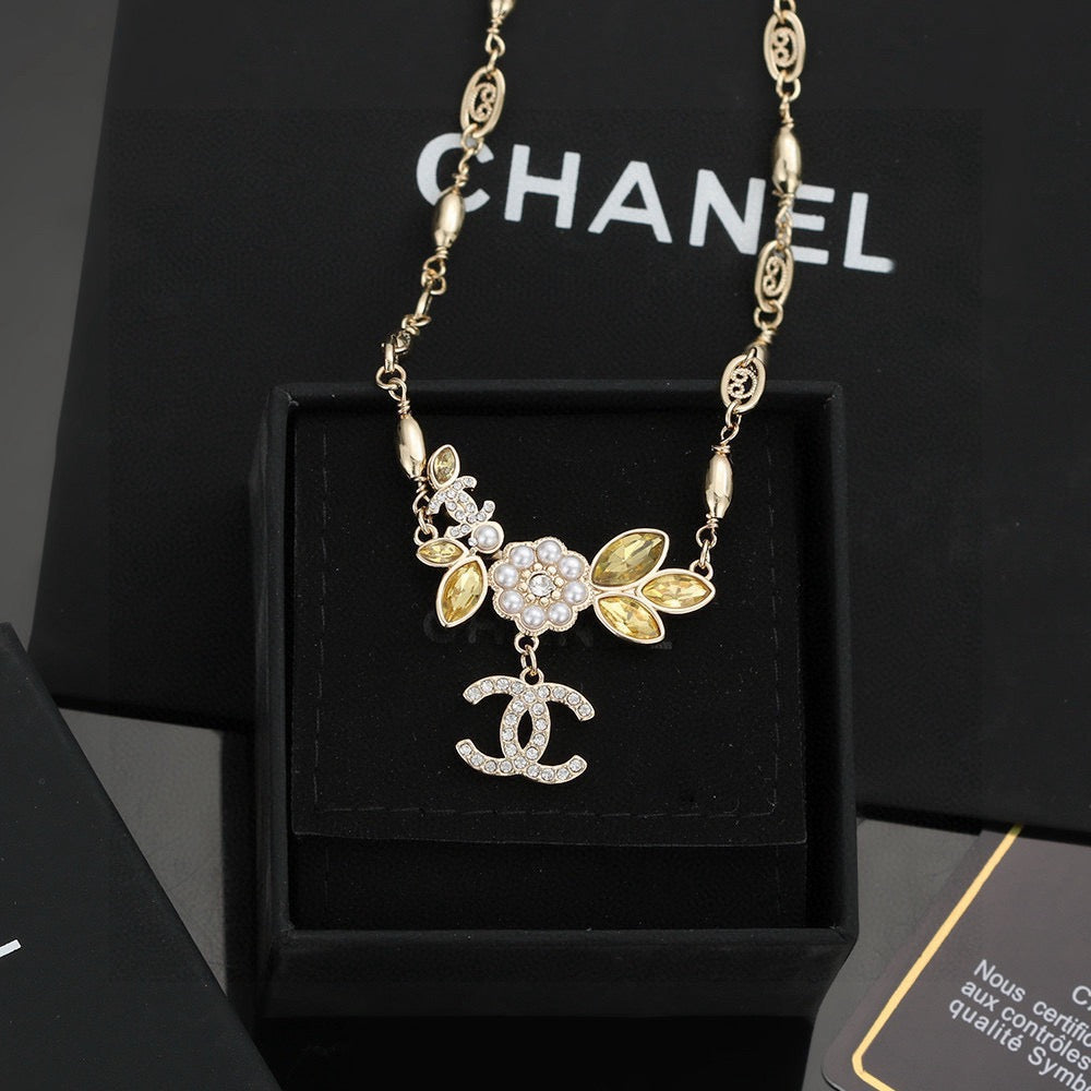 Double-C Emblem Pearl-Detail Pendant Necklace – Pearl Detail – Design 073 main product view