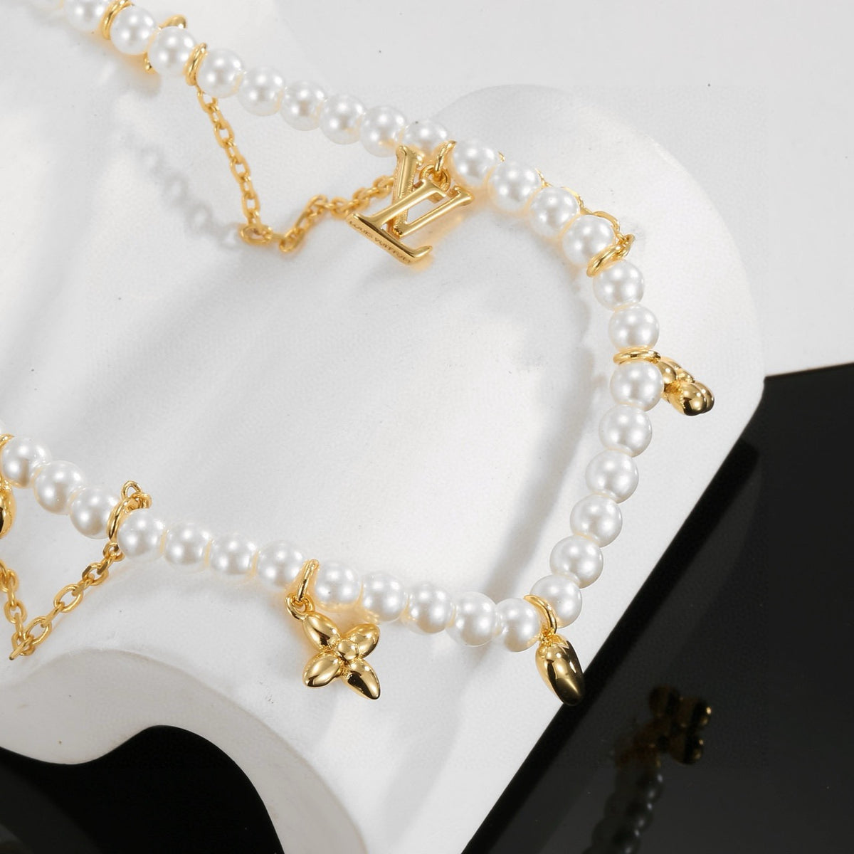 Letter Emblem Pendant Necklace in Polished Metal-Tone – Pearl Detail main product view