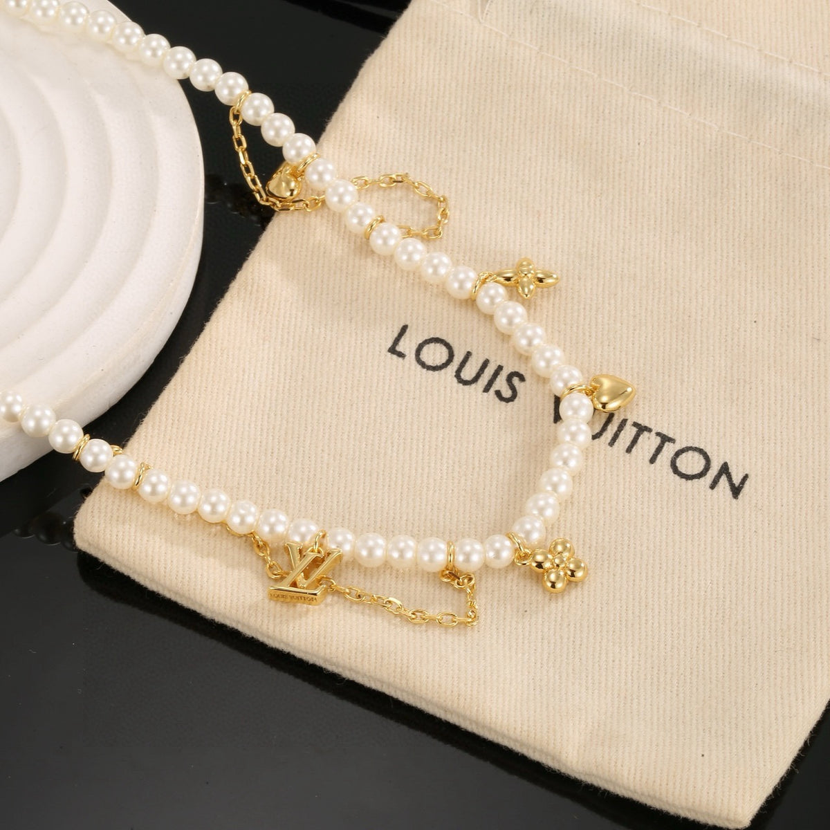 Letter Emblem Pendant Necklace in Polished Metal-Tone – Pearl Detail styled product view