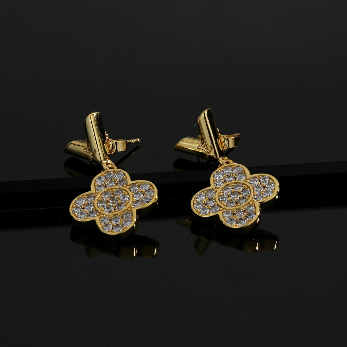 Geometric Emblem Stud Earrings in Polished Metal-Tone – Design 028 front product view