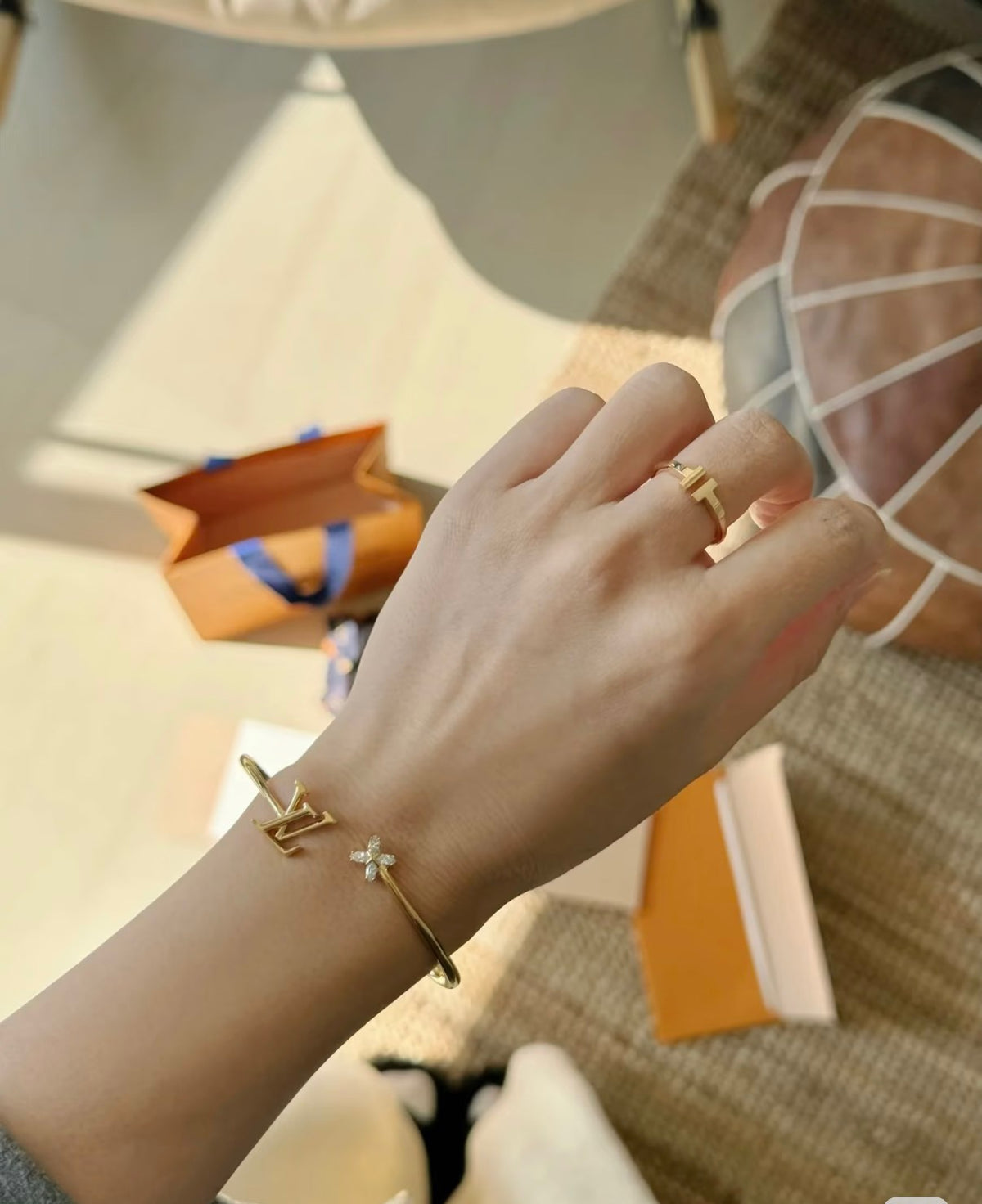 Letter Emblem Bangle in Polished Metal-Tone – Design 005 styled product view