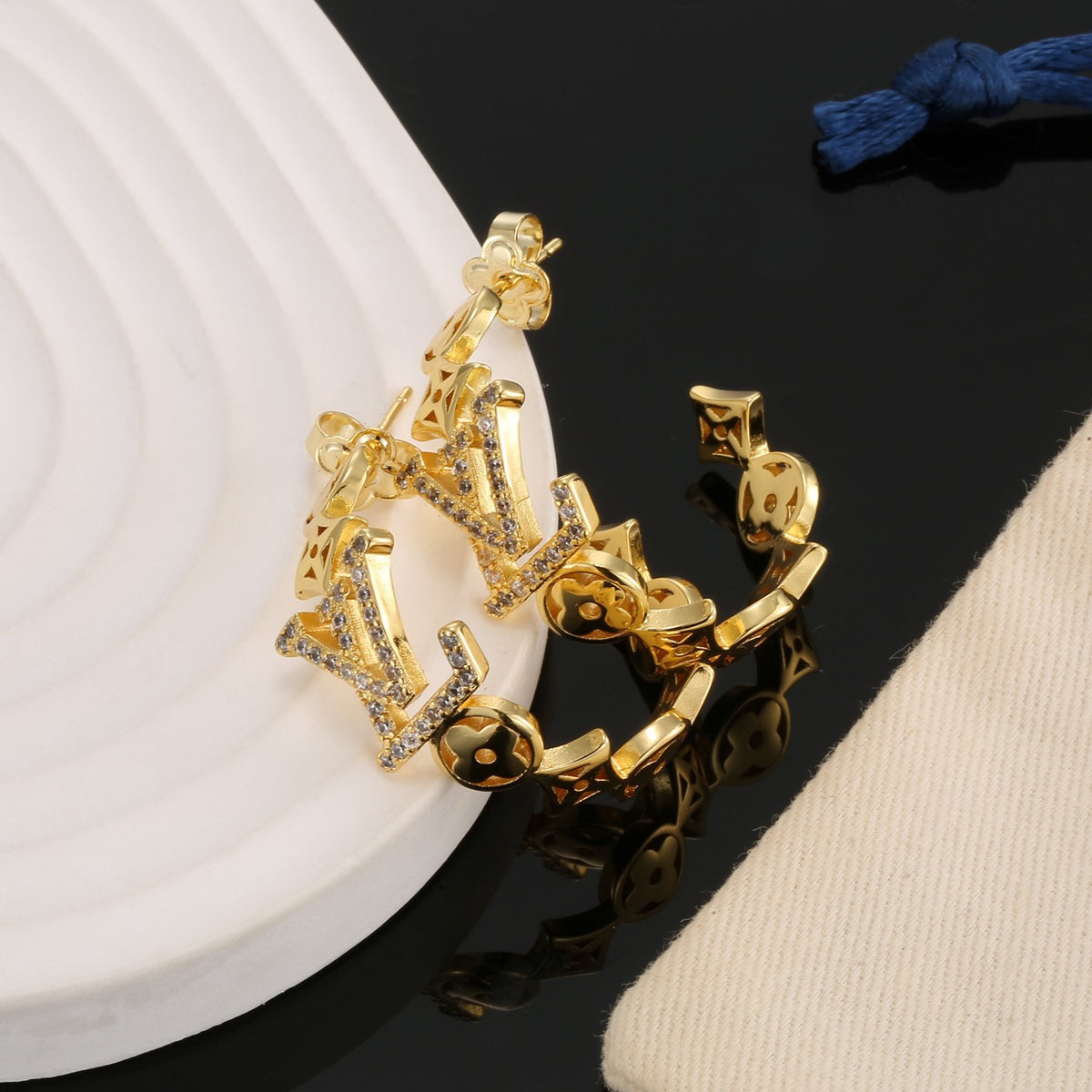 Geometric Emblem Stud Earrings in Polished Metal-Tone – Design 027 front product view