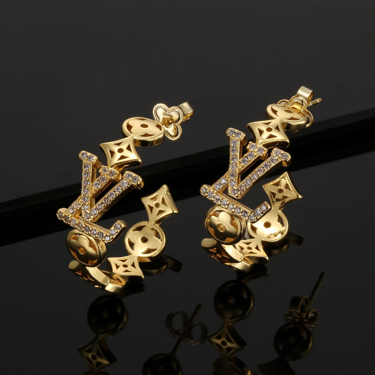 Geometric Emblem Stud Earrings in Polished Metal-Tone – Design 027 main product view