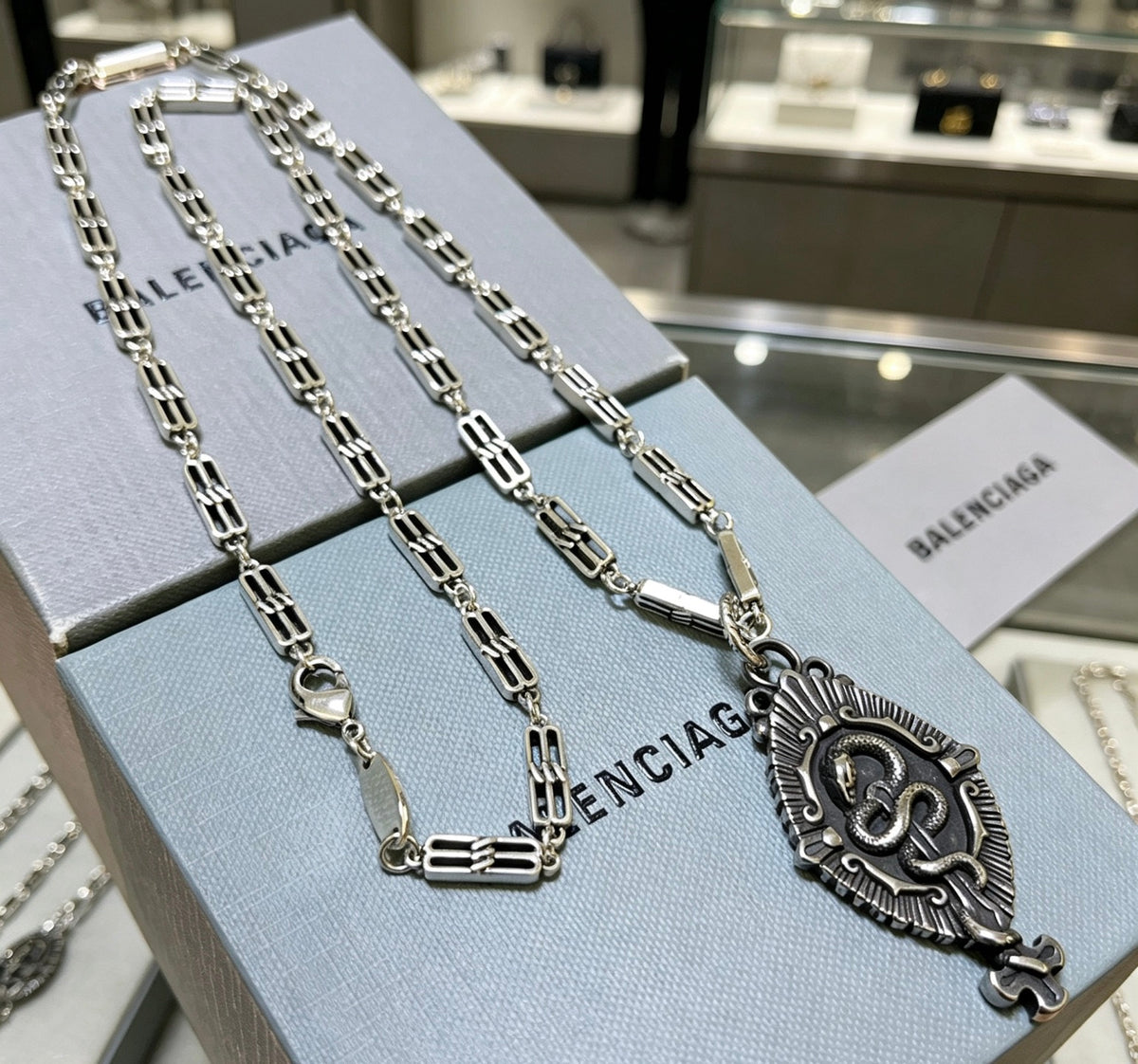 Geometric Emblem Pendant Necklace in Polished Metal-Tone – Vintage Detail – Design 068 main product view