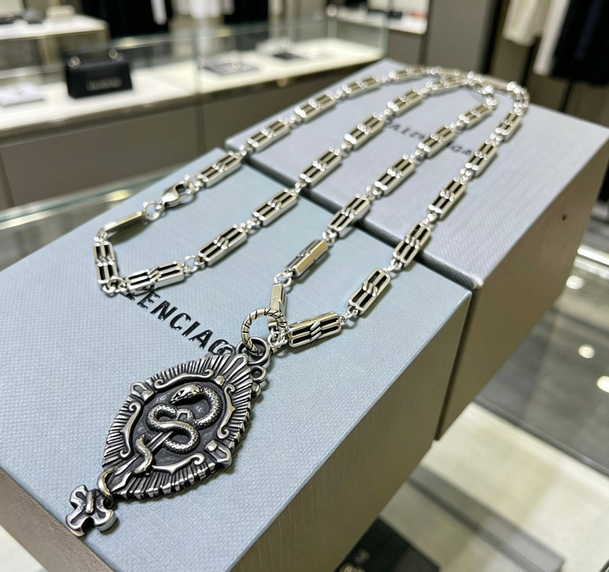 Geometric Emblem Pendant Necklace in Polished Metal-Tone – Vintage Detail – Design 068 front product view