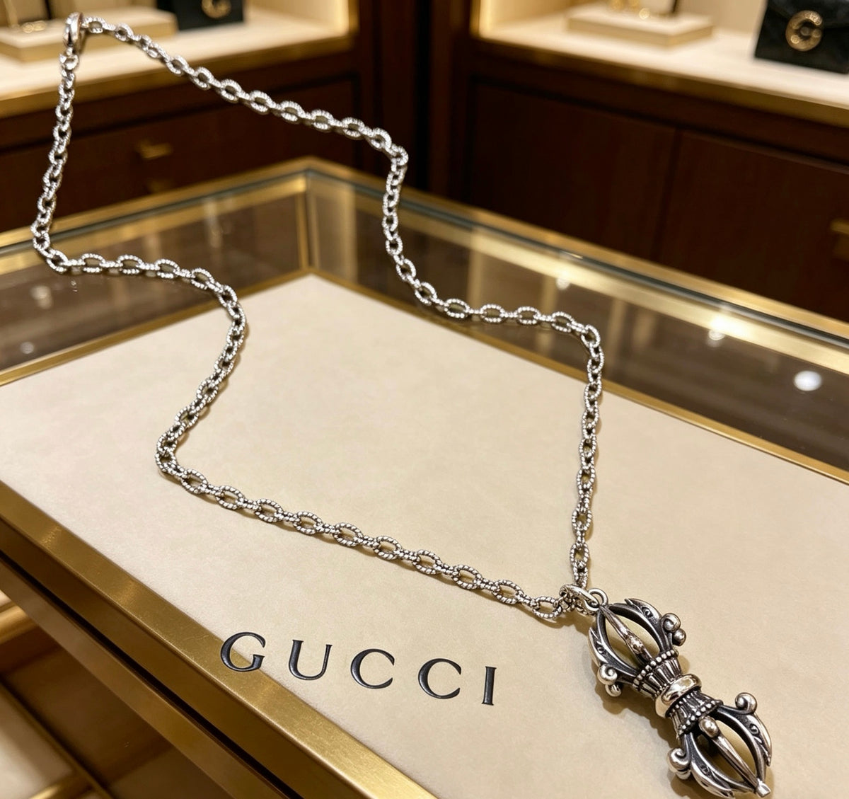 Double-G Emblem Pendant Necklace in Polished Metal-Tone – Design 170 main product view