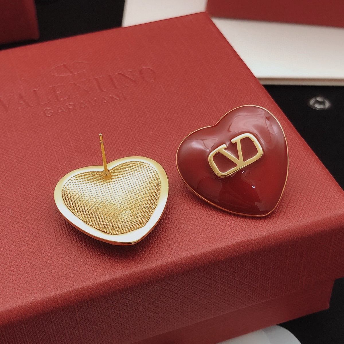 Heart Stud Earrings in Gold-Tone – Red front view