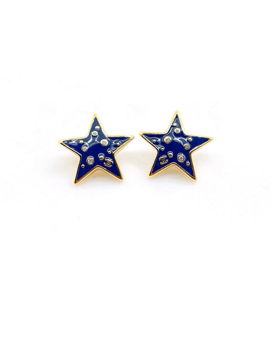 Signature Emblem Stud Earrings in Gold-Tone – Blue Detail – Design 003 main product view
