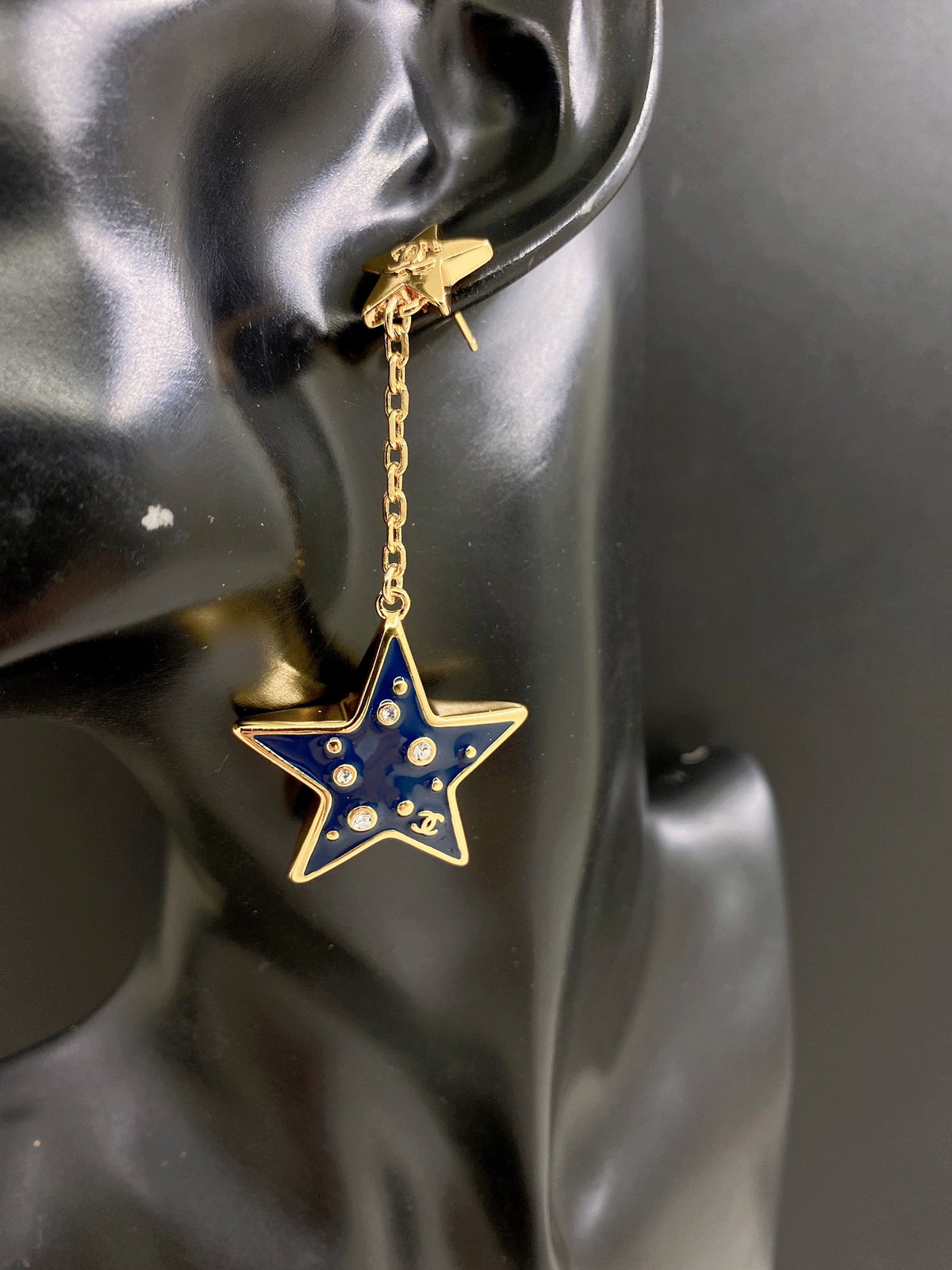 Signature Emblem Statement Earrings in Gold-Tone – Blue Detail – Design 004 front product view