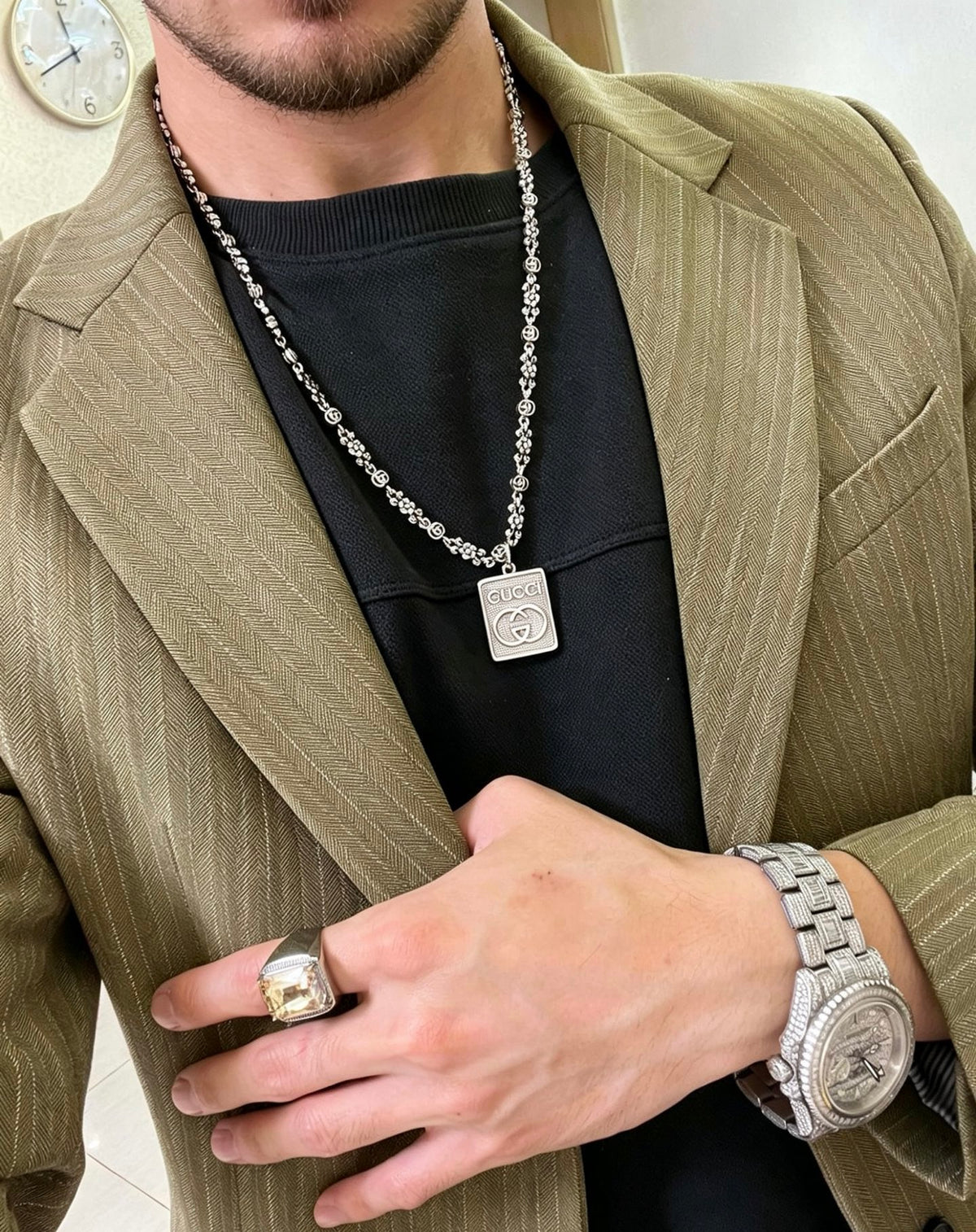 Double-G Emblem Pendant Necklace in Polished Metal-Tone – Vintage Detail – Design 050 styled product view