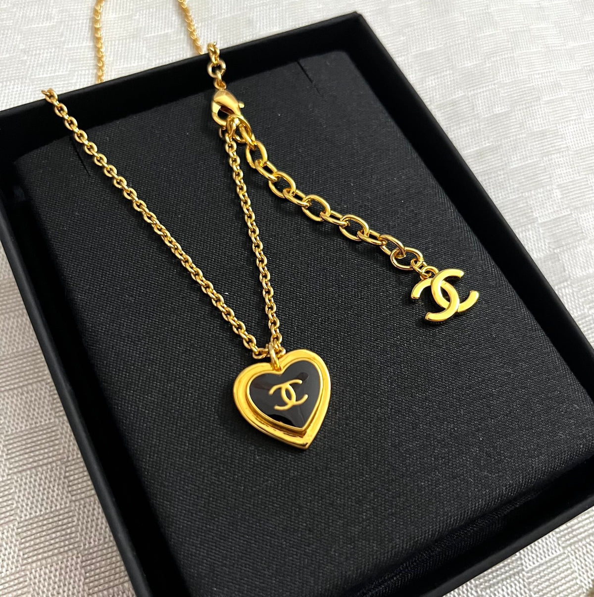 Double-C Emblem Pendant Necklace in Polished Metal-Tone – Design 067 detail view