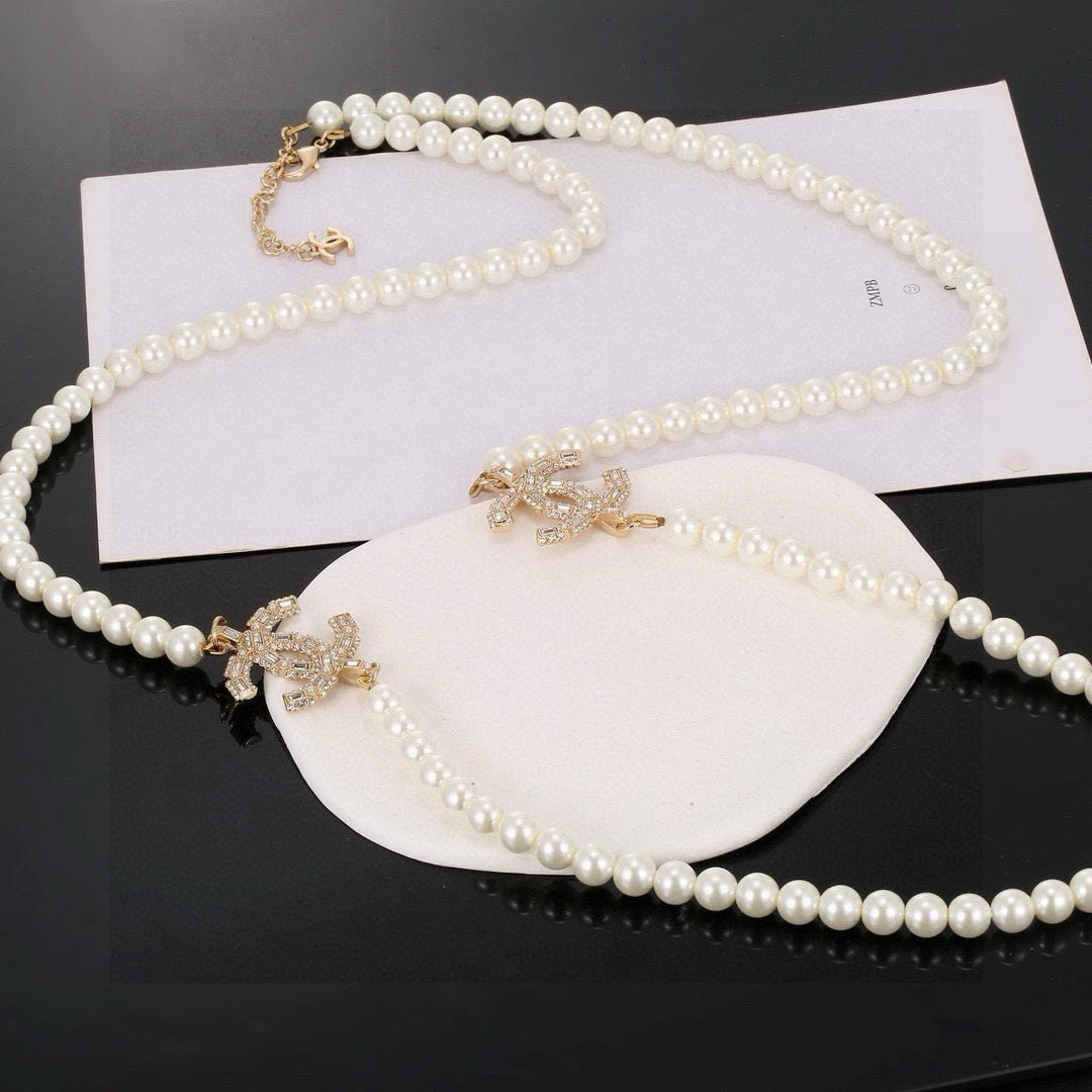 Double-C Emblem Pearl-Detail Pendant Necklace – Pearl Detail – Design 091 front product view