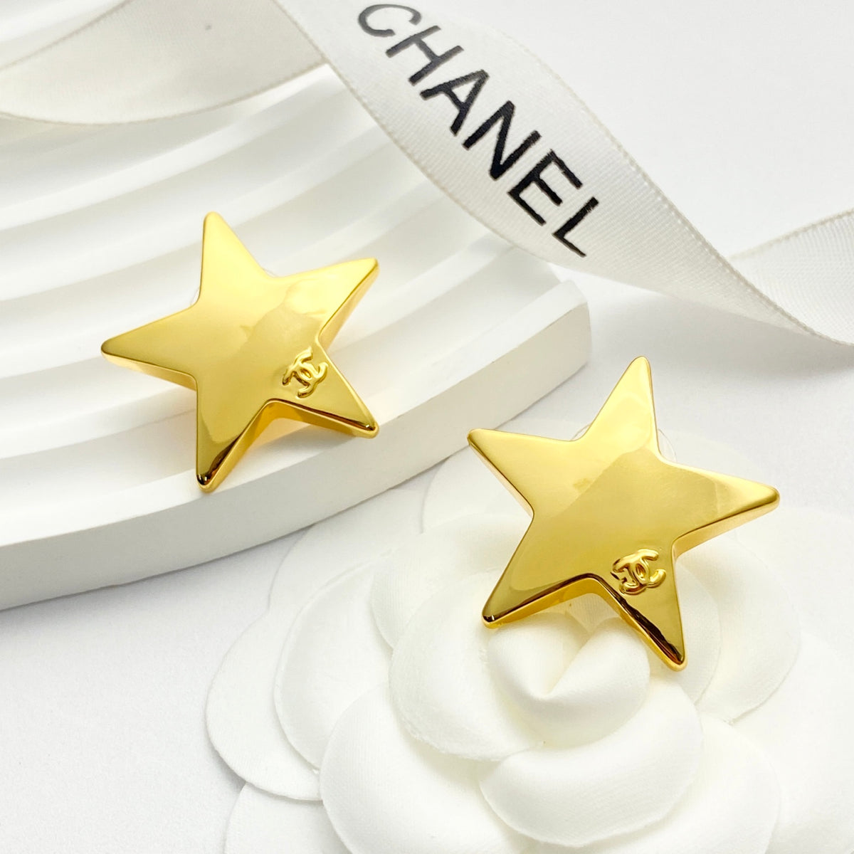 Double-C Emblem Stud Earrings in Gold-Tone – Star Detail – Design 007 front product view