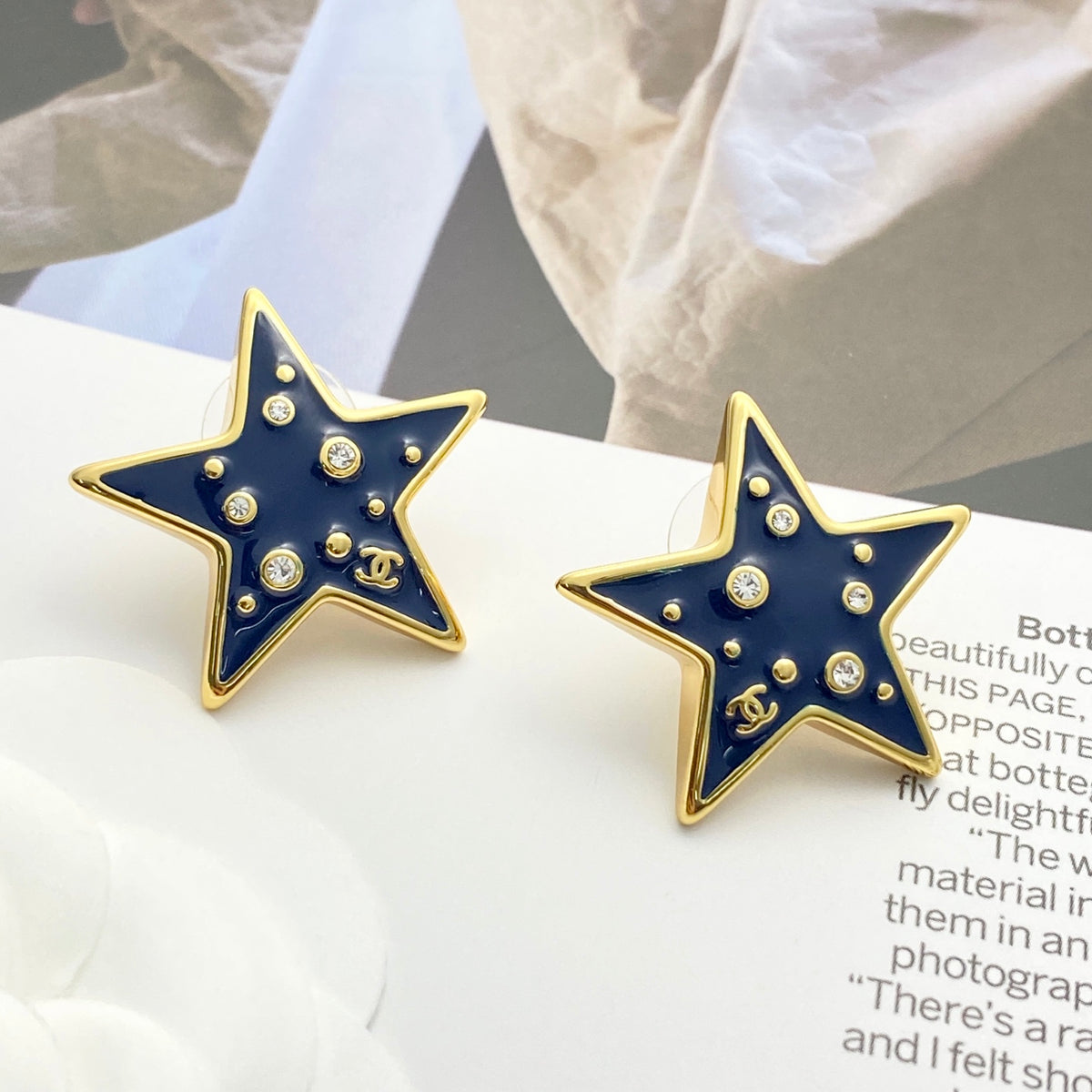 Double-C Emblem Crystal-Accent Stud Earrings – Star Detail – Design 003 front product view