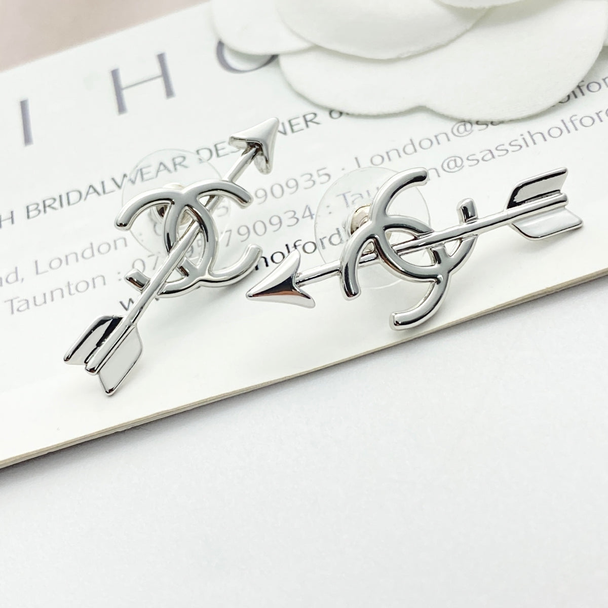Double-C Emblem Stud Earrings in Silver-Tone – Design 008 detail view