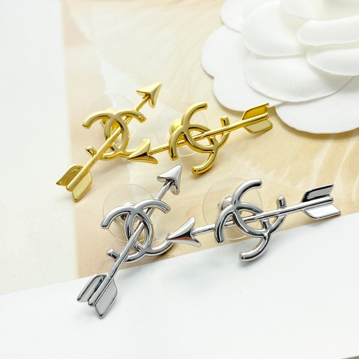 Double-C Emblem Stud Earrings in Silver-Tone – Design 008 detail view