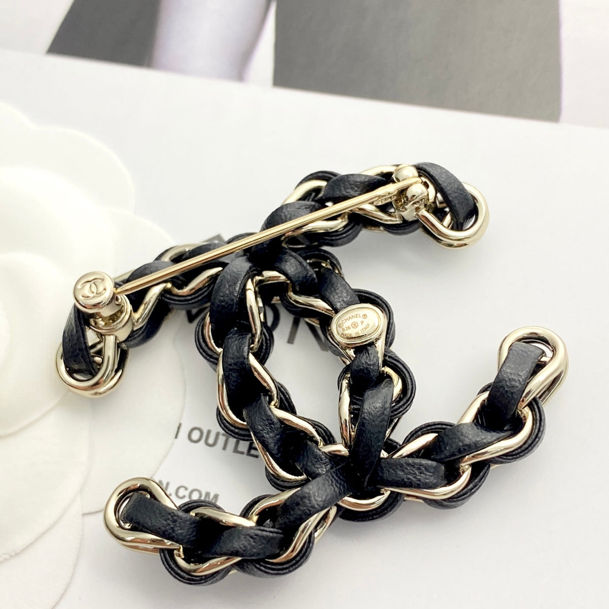 Signature Emblem Brooch in Polished Metal-Tone – Black Detail – Design 003 side detail