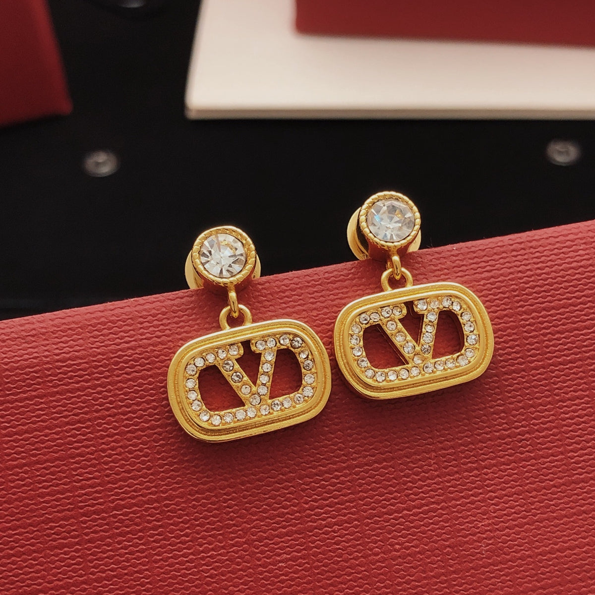 V Emblem Crystal-Accent Stud Earrings – Design 06 side detail