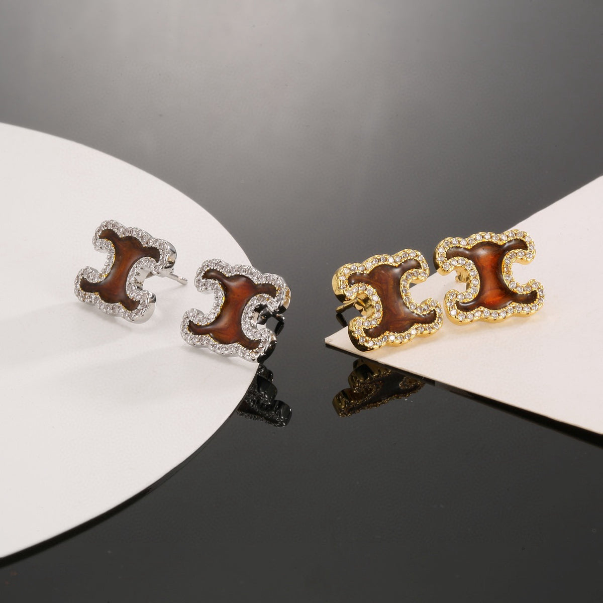 Signature Emblem Stud Earrings in Gold-Tone – Design 07 detail view