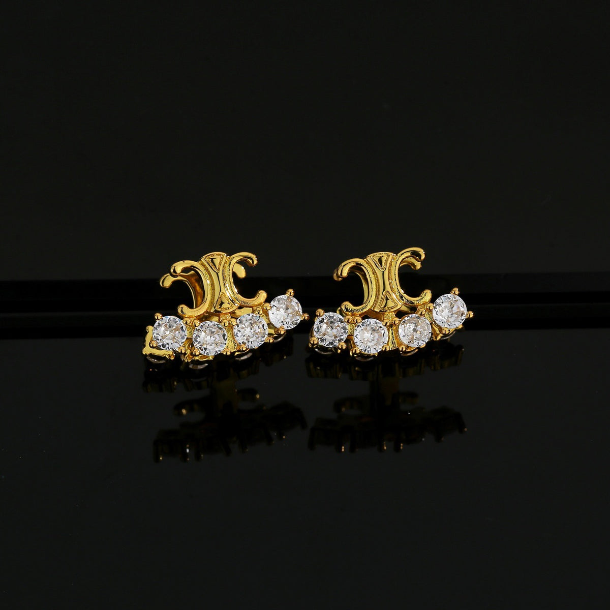Signature Emblem Stud Earrings in Gold-Tone – Design 06 front view