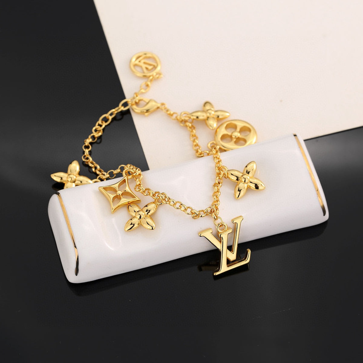 Letter Emblem Bracelet in Polished Metal-Tone – Design 034 detail view