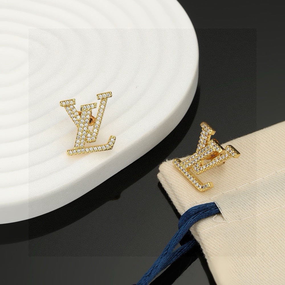 Letter Emblem Stud Earrings in Polished Metal-Tone – Design 031 detail view