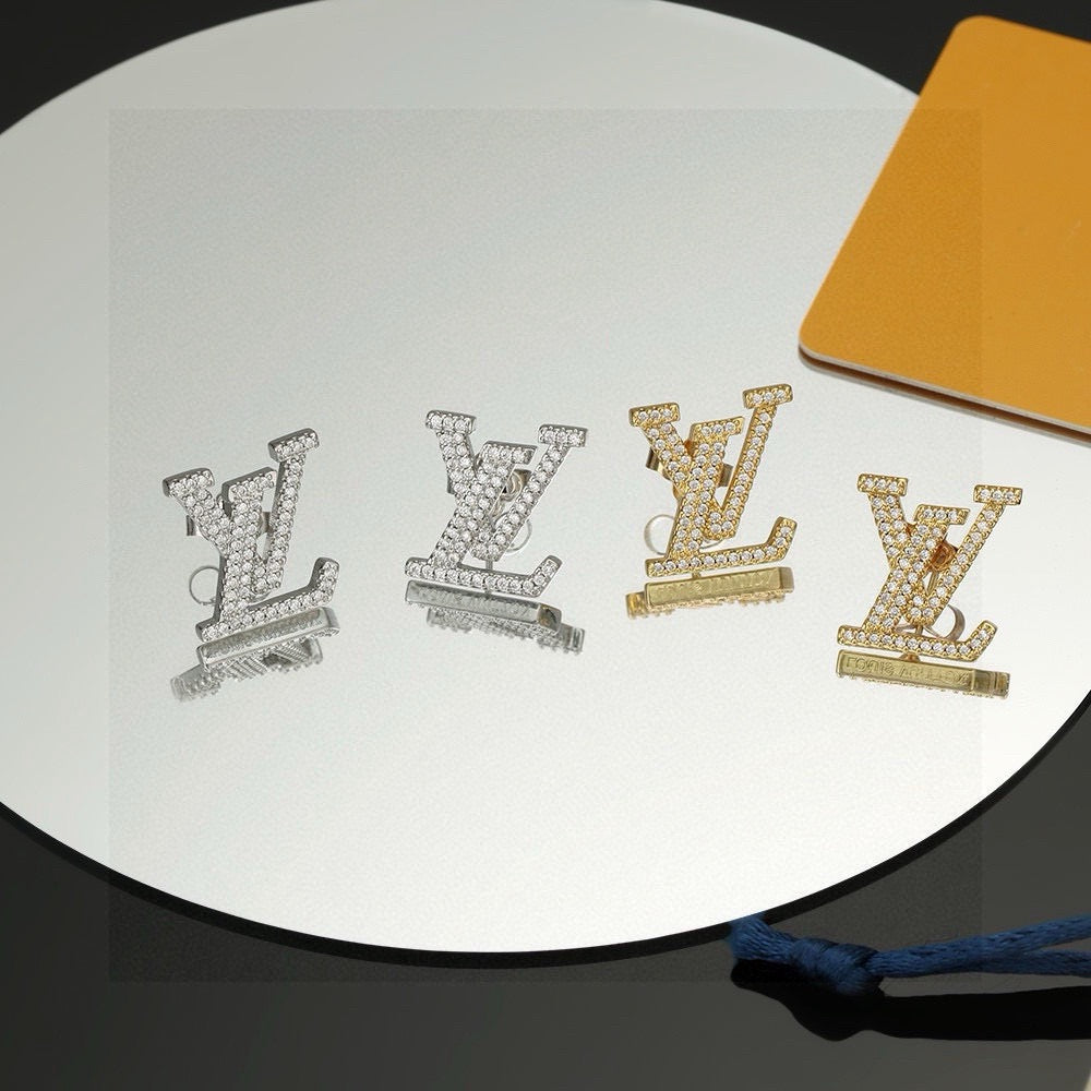 Letter Emblem Stud Earrings in Polished Metal-Tone – Design 031 front product view