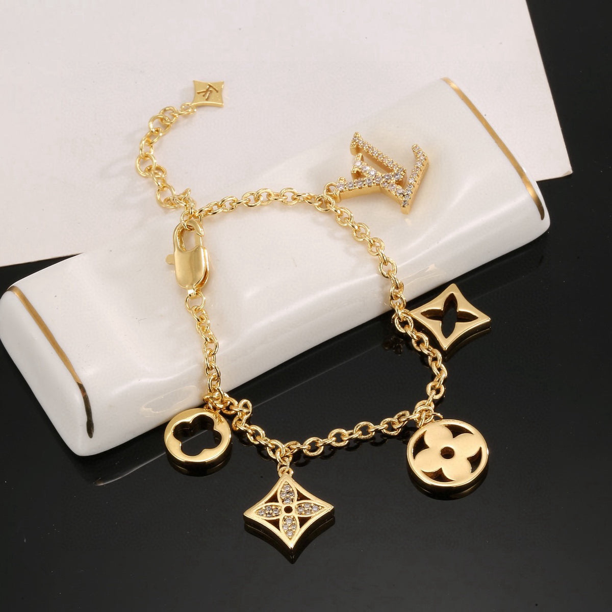 Letter Emblem Bracelet in Polished Metal-Tone – Design 032 styled product view