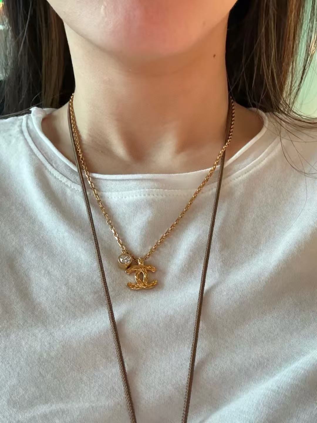 Double-C Emblem Pendant Necklace in Gold-Tone – Design 012 detail view