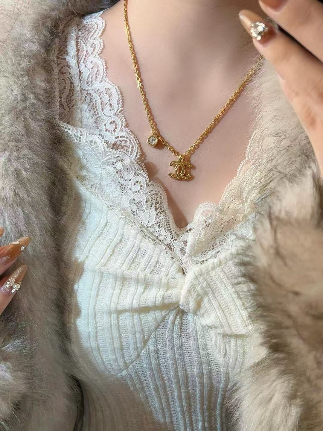 Double-C Emblem Pendant Necklace in Gold-Tone – Design 012 close-up detail