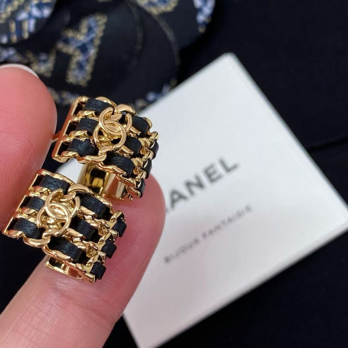 Double-C Emblem Stud Earrings in Polished Metal-Tone – Black Detail – Design 004 main product view