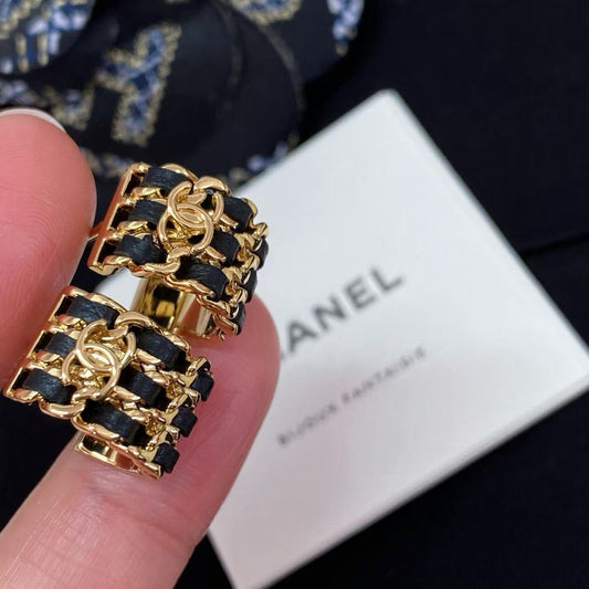 Double-C Emblem Stud Earrings in Polished Metal-Tone – Black Detail – Design 005 main product view
