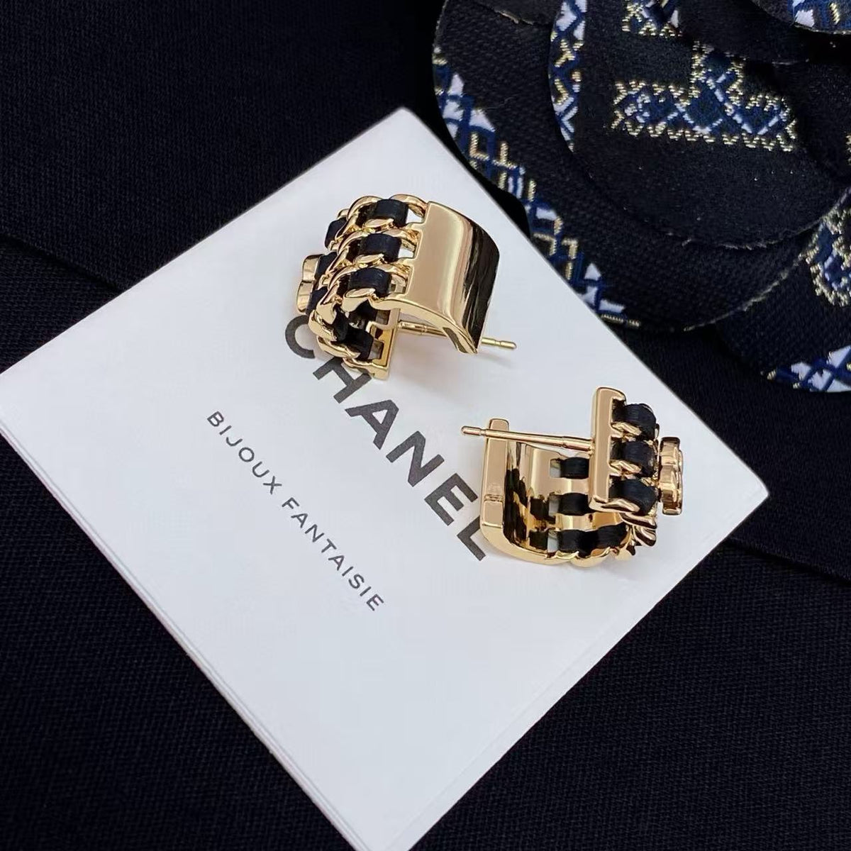 Double-C Emblem Stud Earrings in Polished Metal-Tone – Black Detail – Design 005 main product view