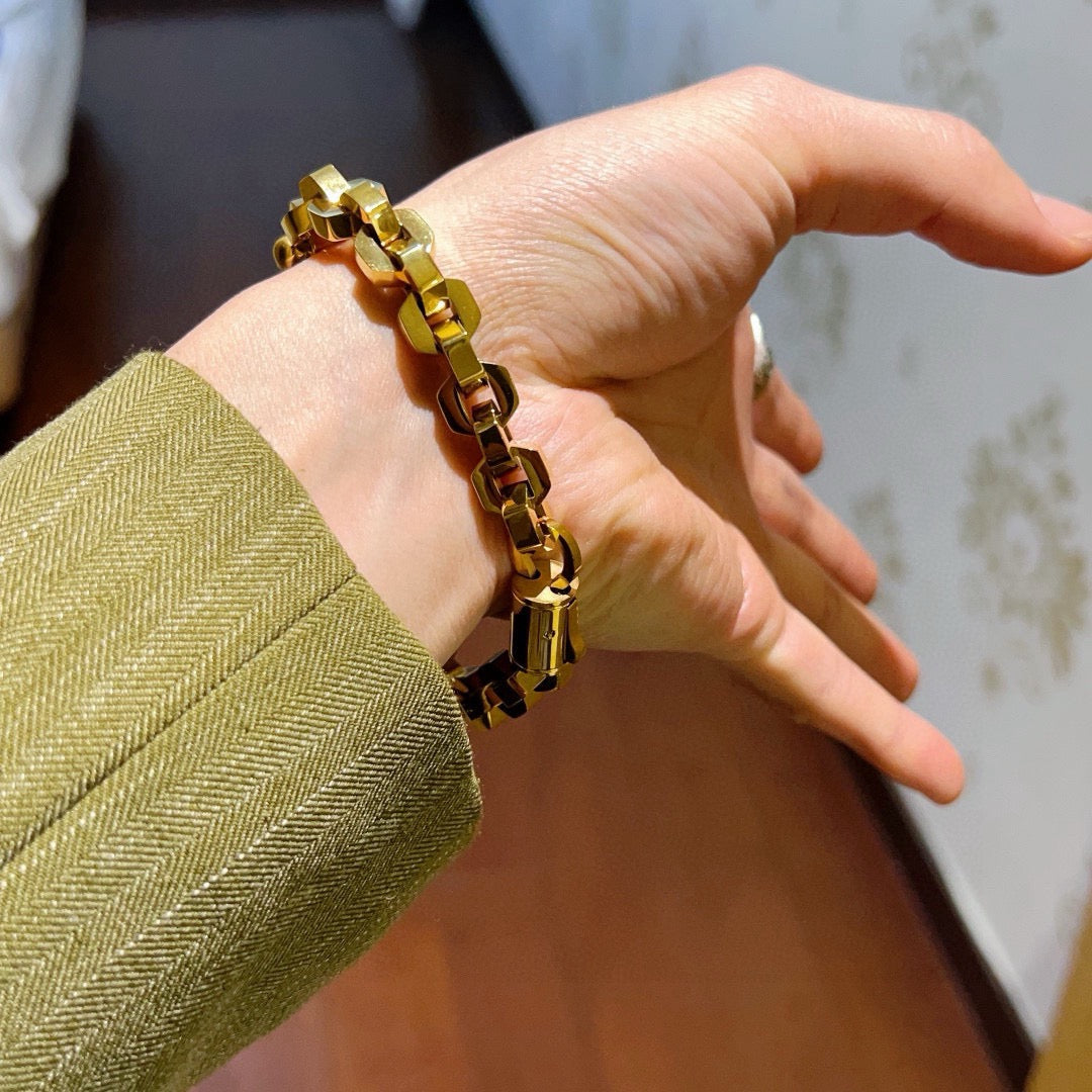 Geometric Emblem Bracelet in Polished Metal-Tone – Design 058 side detail